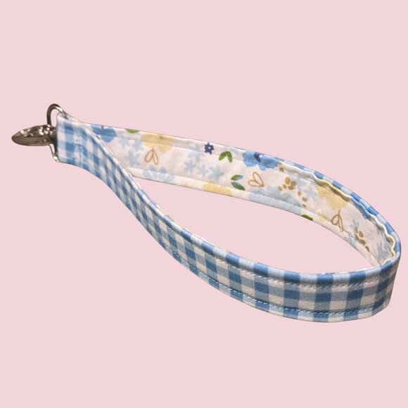 Handmade Blue Gingham Plaid & Floral Wristlet Keychain - Picture 1 of 3